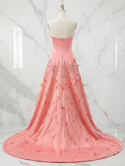 Pink Satin Strapless Long Prom Dress with Floral Vines