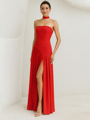 Elegant Mint Green Strapless Pleated Maxi Dress With Slit