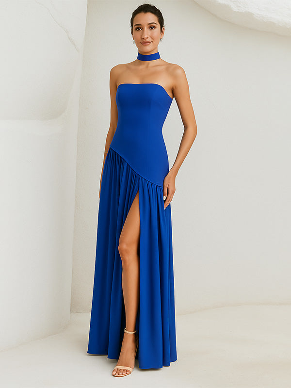 Elegant Mint Green Strapless Pleated Maxi Dress With Slit