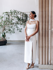 Elegant White Strapless Pleated Maxi Dress With Slit