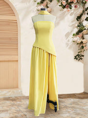 Elegant Yellow Strapless Pleated Maxi Dress With Slit