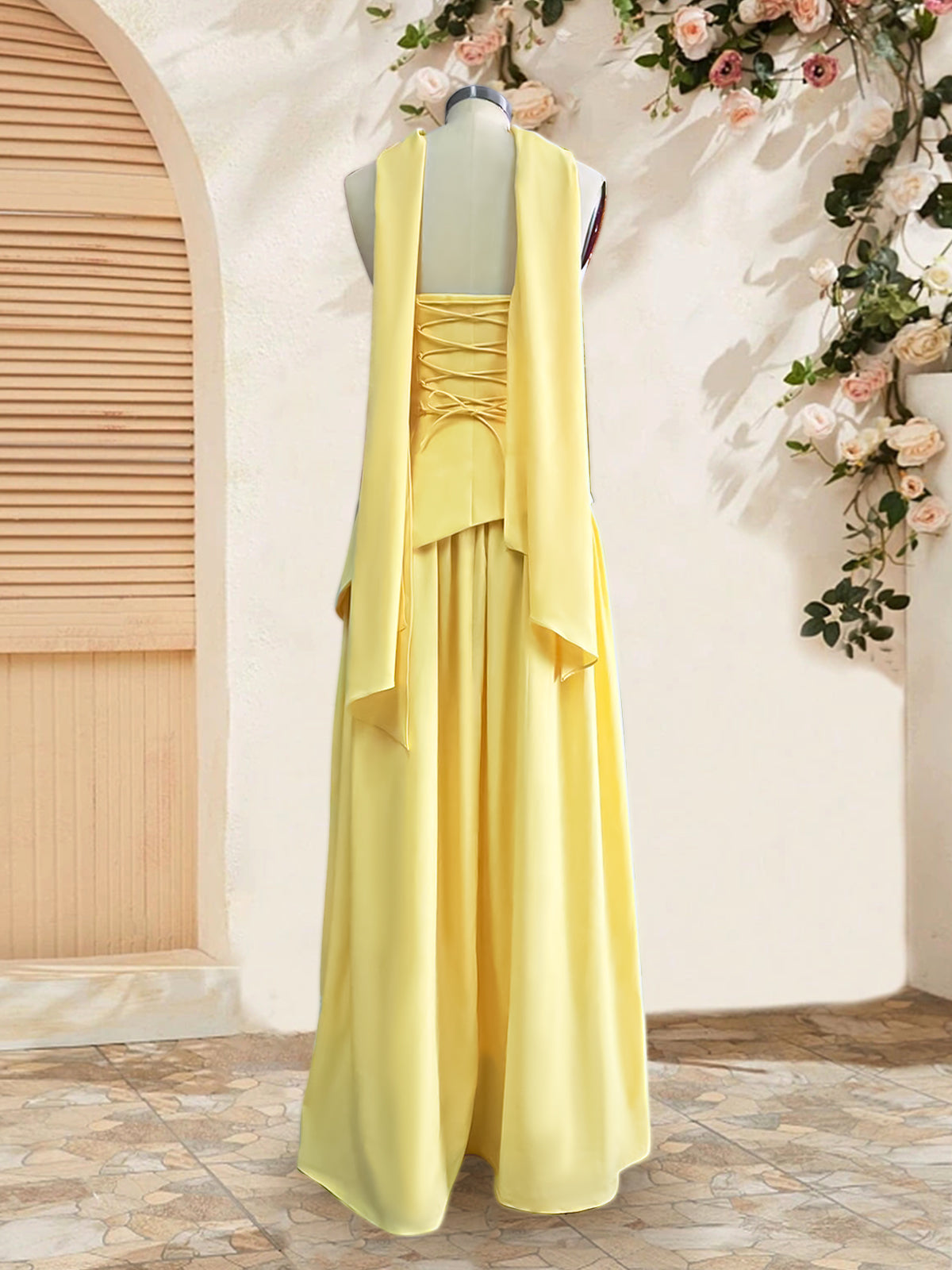 Elegant Yellow Strapless Pleated Maxi Dress With Slit