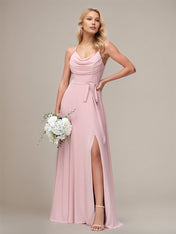 Dusty Rose A Line Chiffon Spaghetti Straps Sleeveless Floor-Length Bridesmaid Dresses