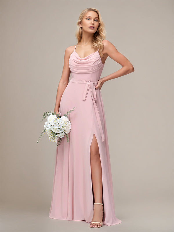 Dusty Rose A Line Chiffon Spaghetti Straps Sleeveless Floor-Length Bridesmaid Dresses