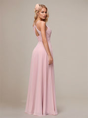 Dusty Rose A Line Chiffon Spaghetti Straps Sleeveless Floor-Length Bridesmaid Dresses