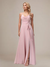 Dusty Rose A Line Chiffon Spaghetti Straps Sleeveless Floor-Length Bridesmaid Dresses