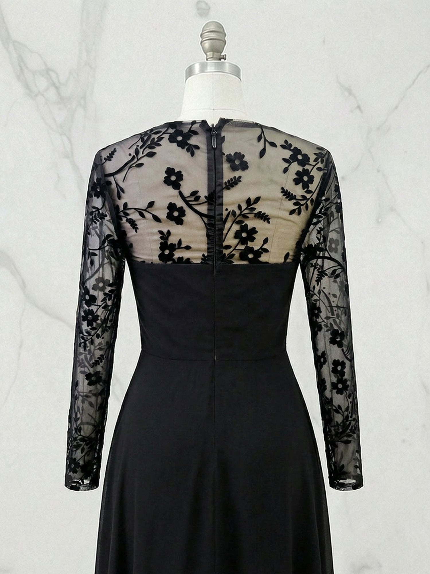 Embroidered Sheer-Panel Evening Gown Maxi Dress
