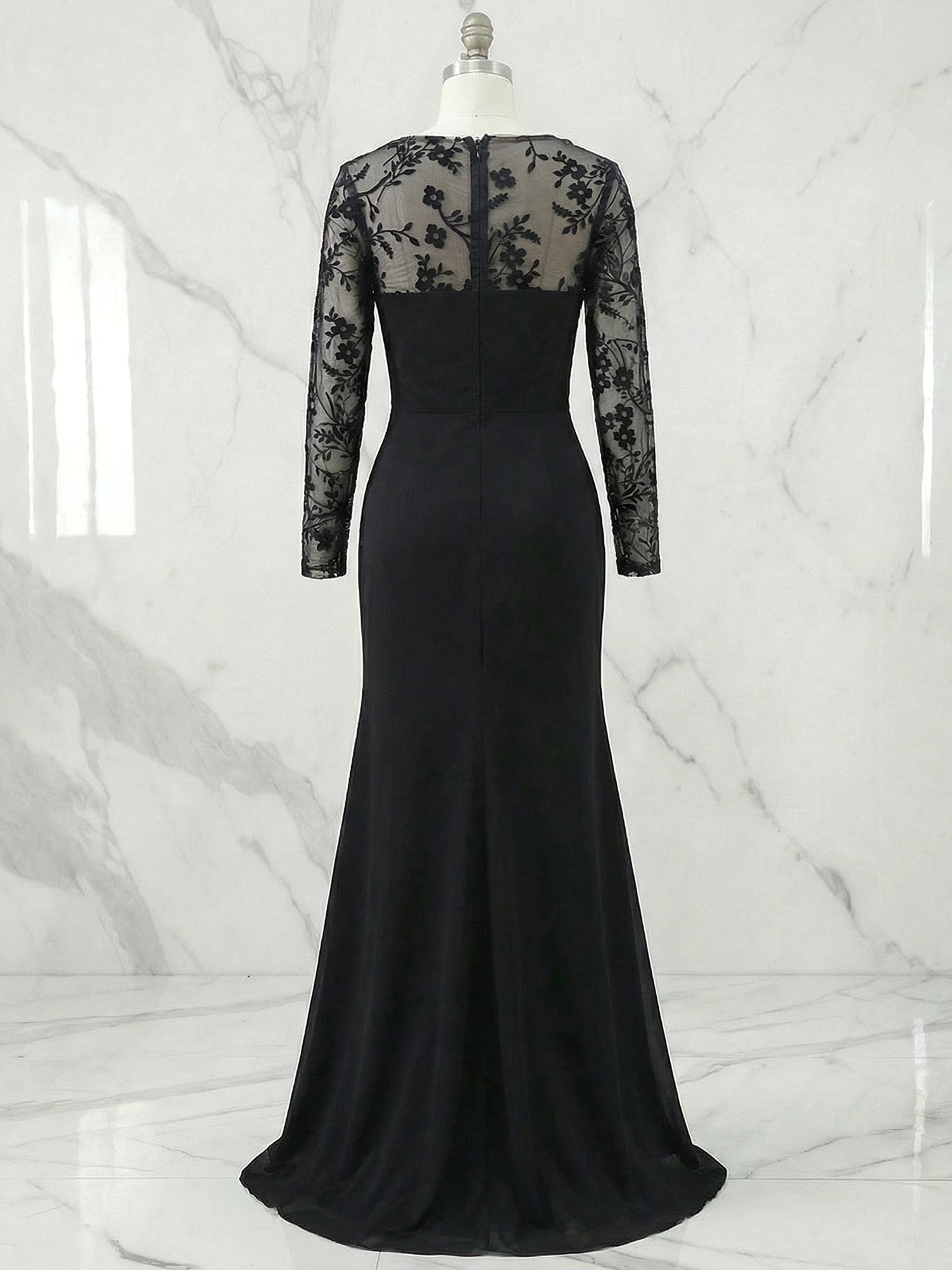 Embroidered Sheer-Panel Evening Gown Maxi Dress