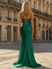 Yellow Beaded Halter Corset Prom Dress with High Slit