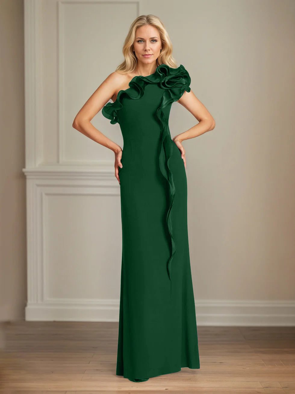 Column One Shoulder Floor Length Mother of the Bride Dresses With Ruffles