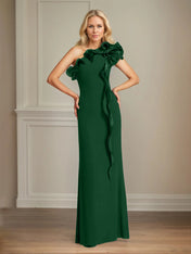 Navy Stretch Crepe Sheath/Column One Shoulder Floor Length Mother of the Bride Dresses With Ruffles