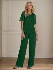2 Piece Jumpsuit / Pantsuit Crew Neck Floor Length Chiffon Mother of the Bride Dress