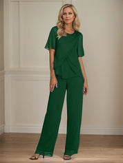 2 Piece Jumpsuit / Pantsuit Crew Neck Floor Length Chiffon Mother of the Bride Dress