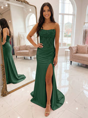 Romantic Pink Satin Corset Slit Prom Dress with Beaded Bodice