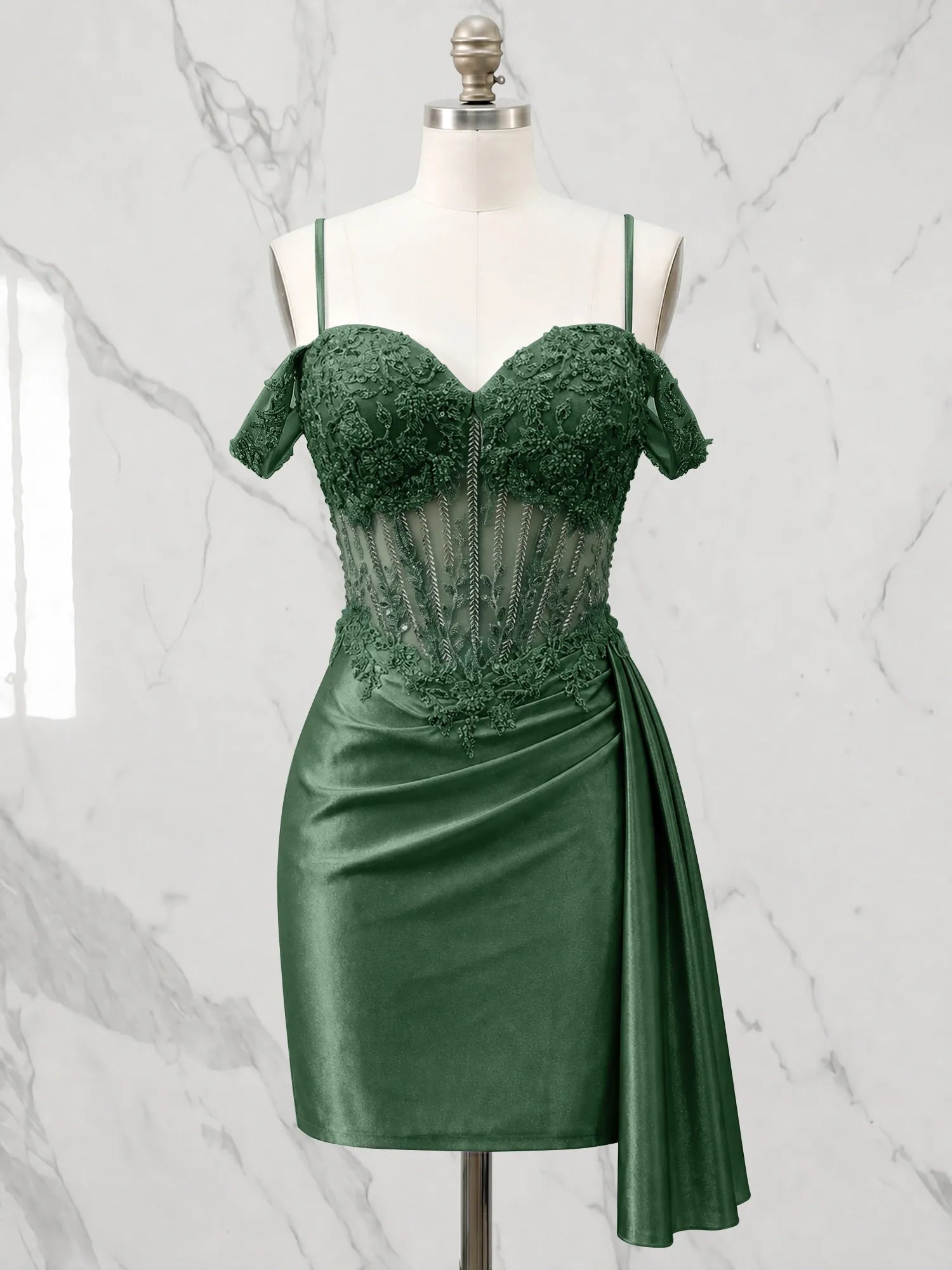 Sweetheart Sheer Corset Mini Dress with Cascading Side Drape Homecoming Dresses