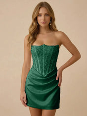 White Strapless Sequin Beaded Satin Short Homecoming Dress with Corset