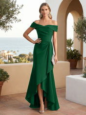Off the Shoulder Pleat Satin High Low Mermaid Evening Dresses for Women