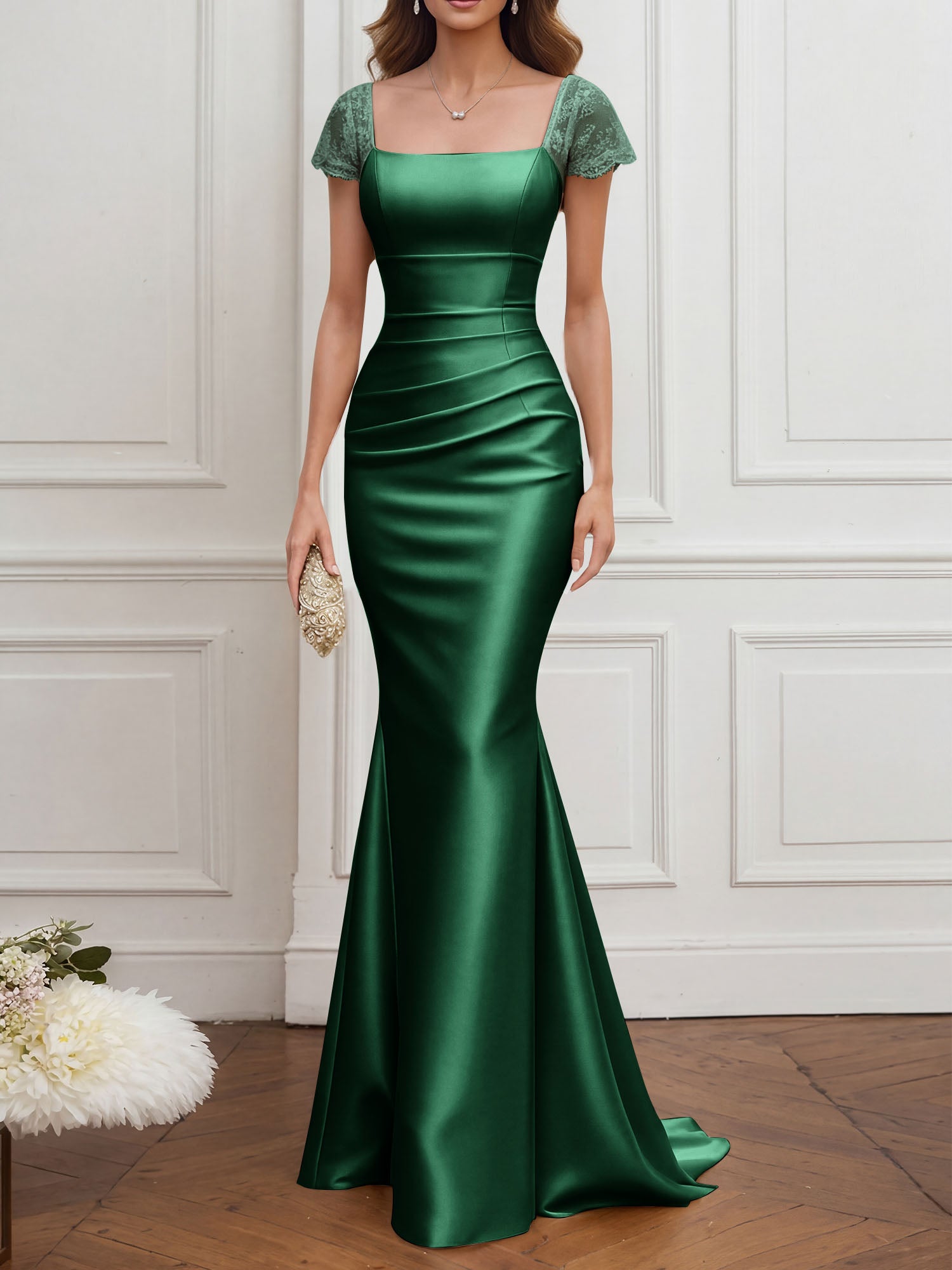 Mother of the Bride Dress Champagne Satin Square Neck Maxi Dress
