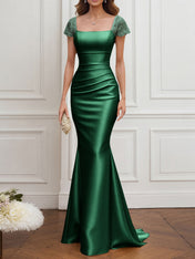 Mother of the Bride Dress Champagne Satin Square Neck Maxi Dress
