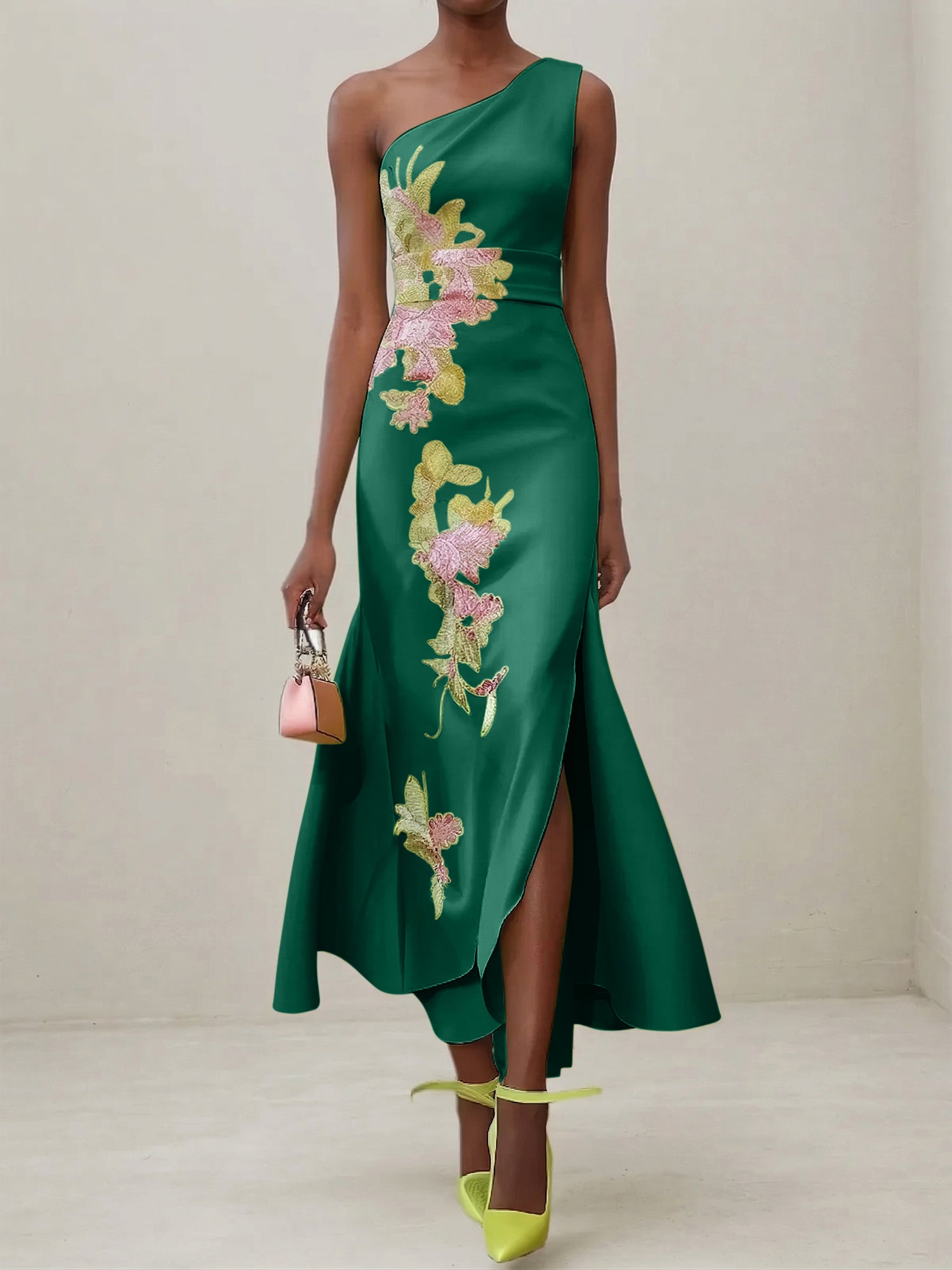 Green Floral One Shoulder Embroidered Cap Sleeve Slit Sheath Maxi Dress
