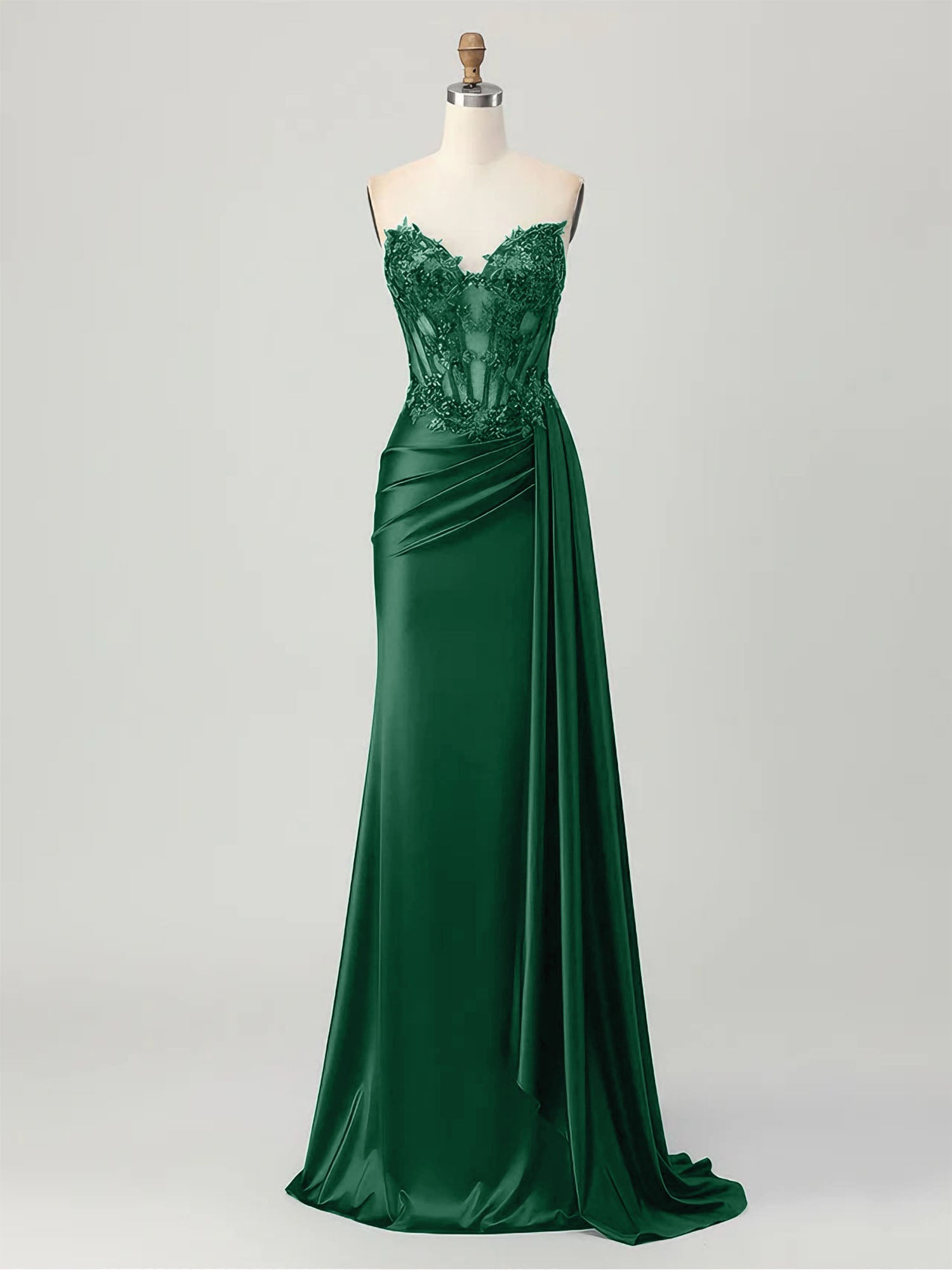 Strapless Illusion Bodice Prom Dress with Satin Skirt