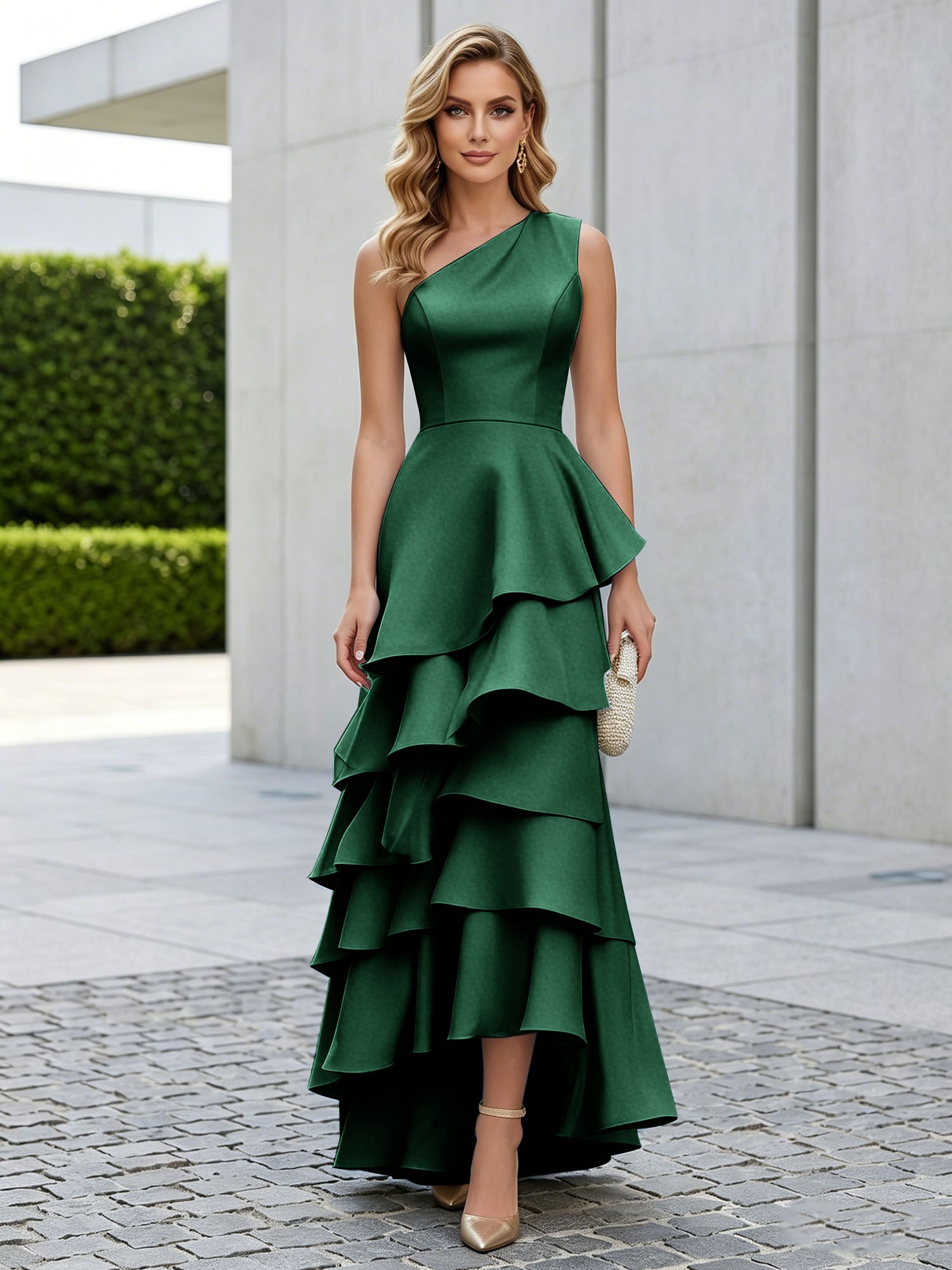 One Shoulder Tiered Ruffle Satin Mermaid Evening Gown with Sculptural Layers