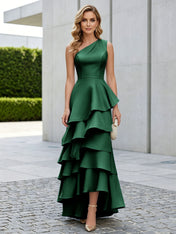 One Shoulder Tiered Ruffle Satin Mermaid Evening Gown with Sculptural Layers