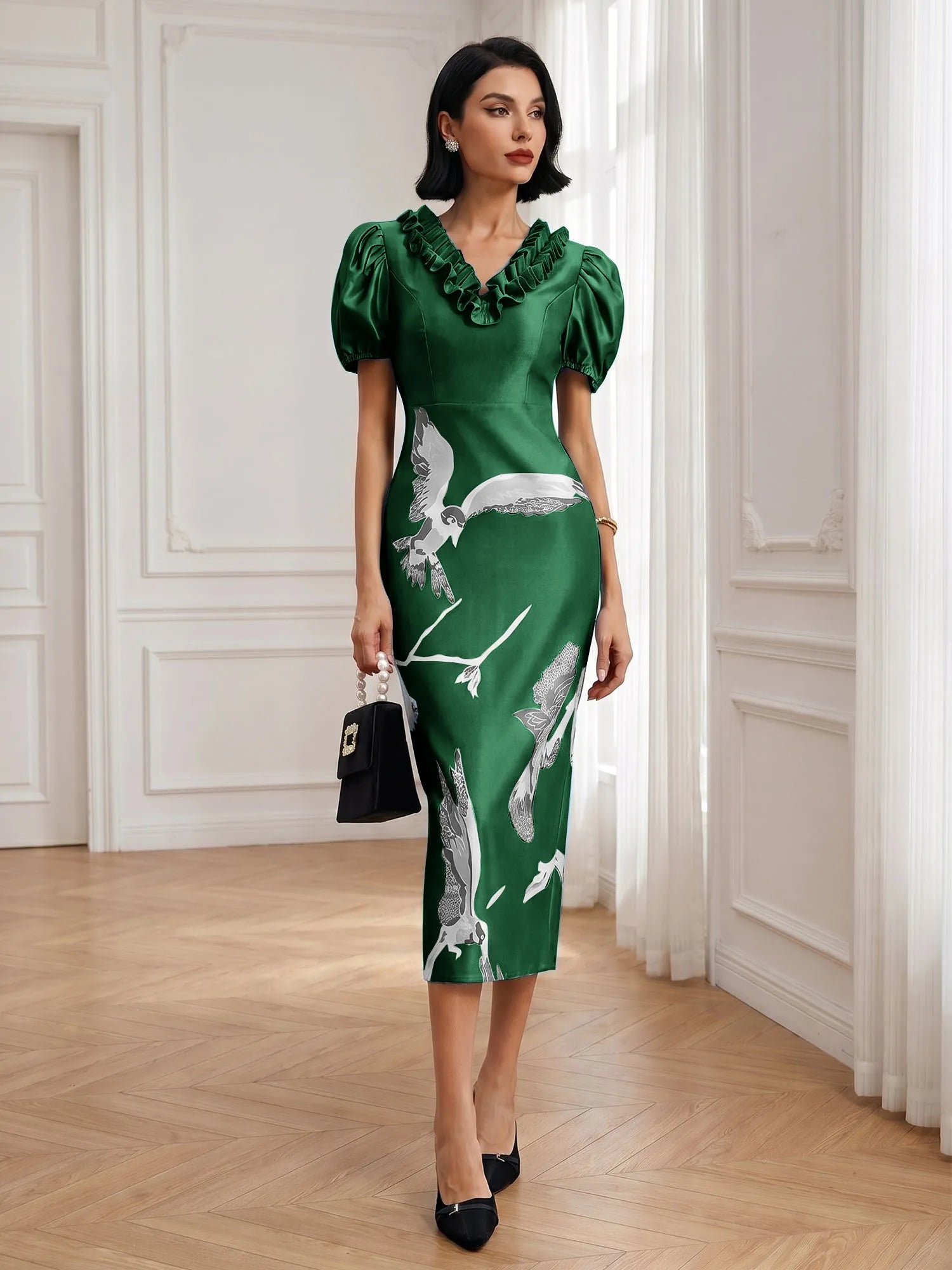 Black Folds V Neck Puff Sleeve Midi Sheath Dress