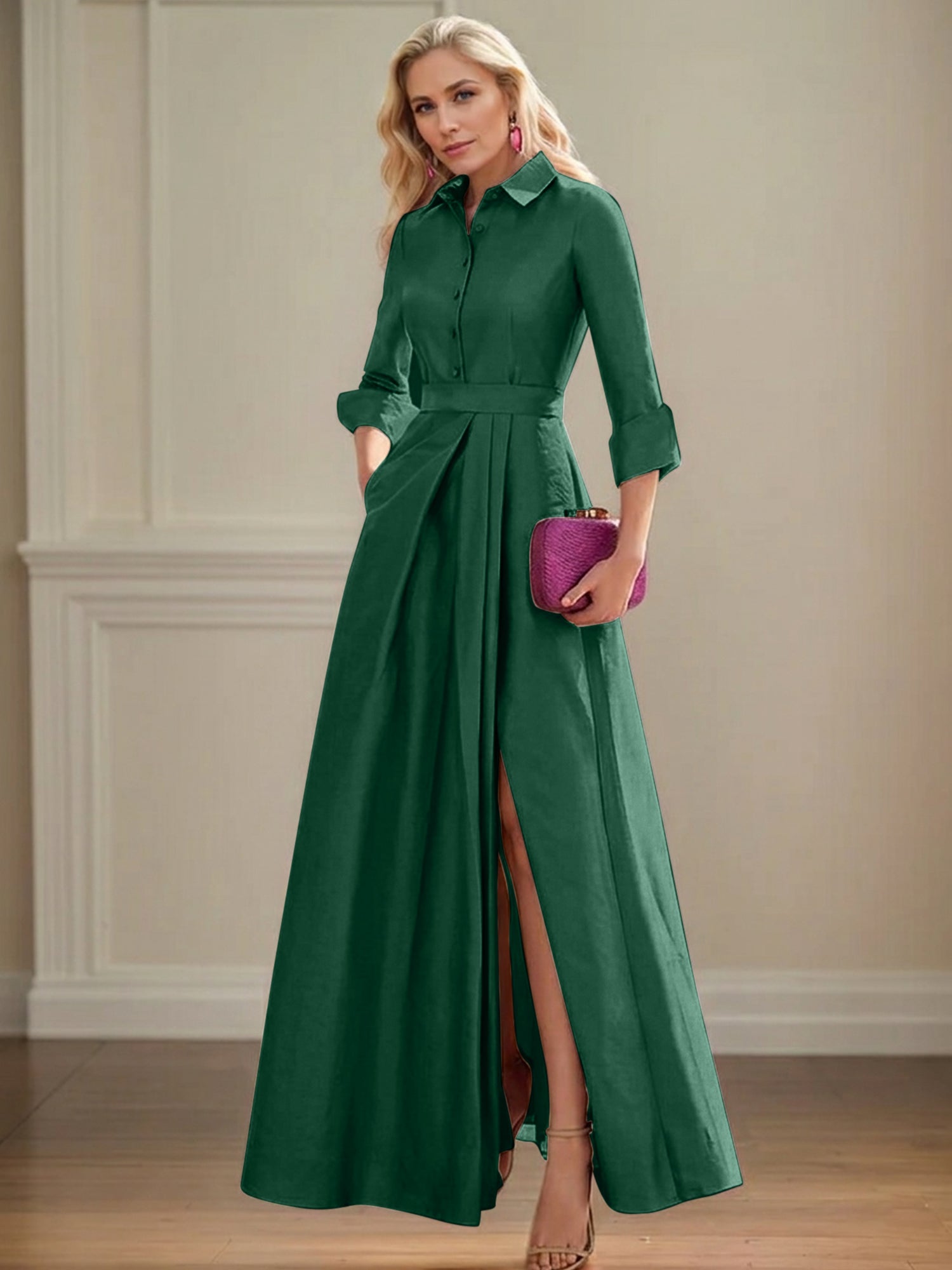 A Line High Neck 3/4 Sleeves Floor Length Mother of the Bride Dresses