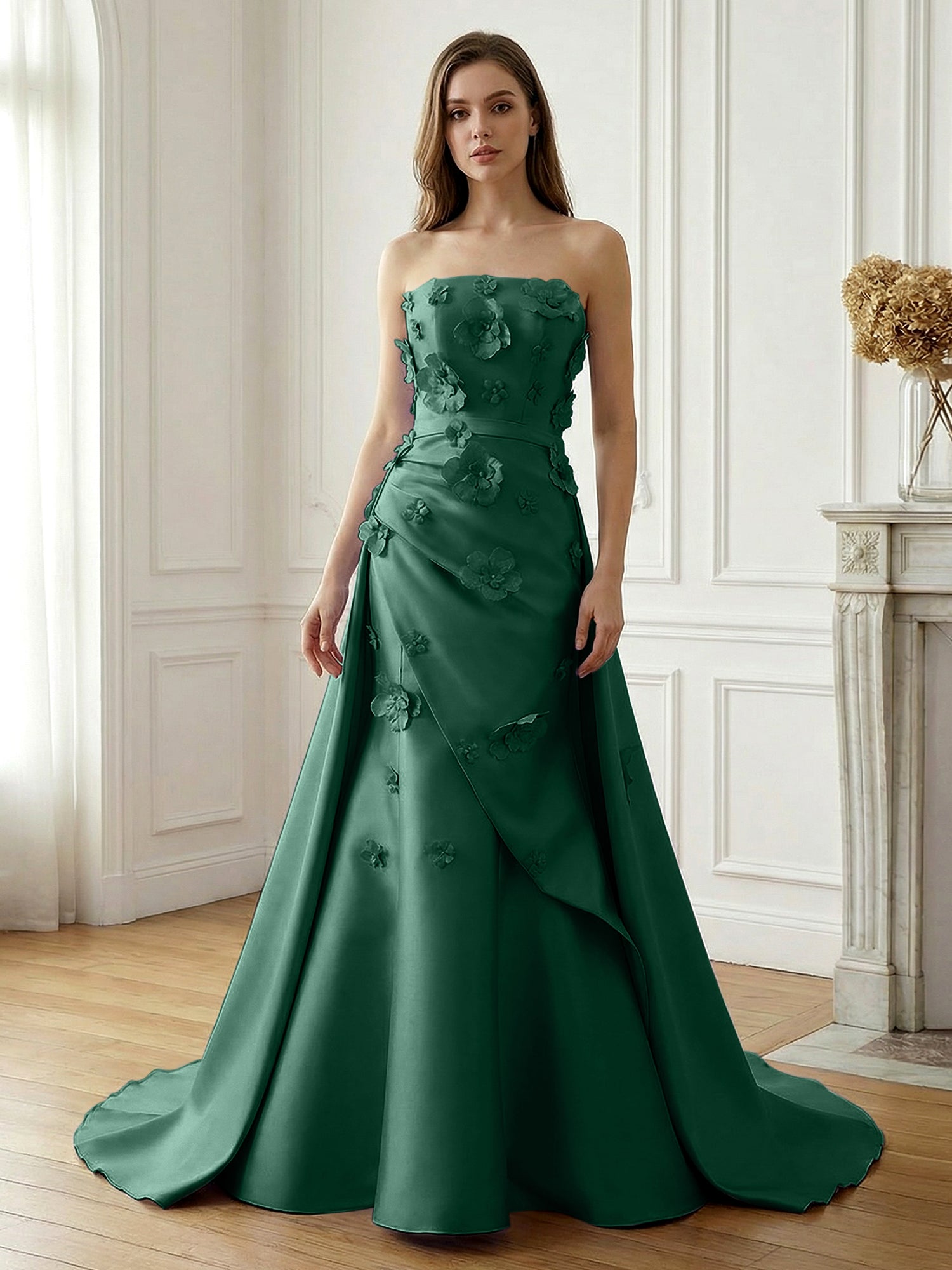 Lavender Satin 3D Floral Strapless A-Line Gown