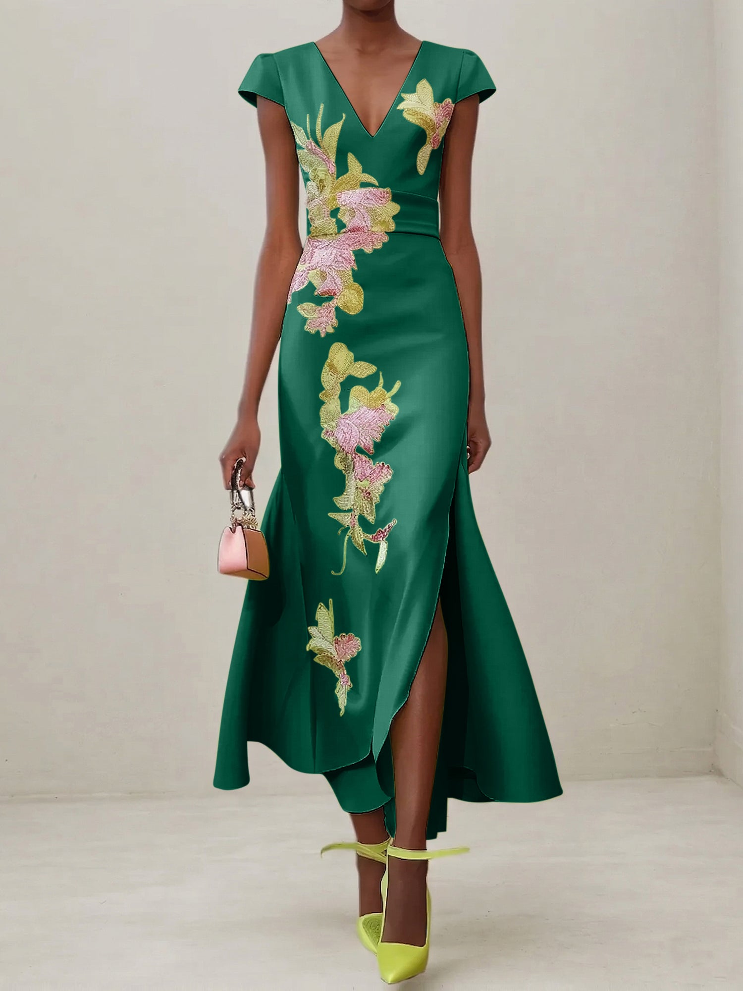 Green Floral V Neck Embroidered Cap Sleeve Slit Sheath Maxi Dress
