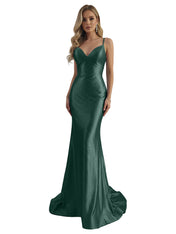 Blue Mermaid Spaghetti Straps V-Neck Rhinestone Long Prom Dress