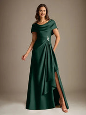 A-Line Scoop Floor-Length Stretch Satin Mother of the Bride Dress With Cascading Ruffles