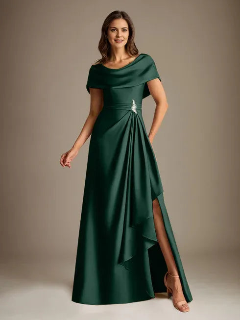 A-Line Scoop Floor-Length Stretch Satin Mother of the Bride Dress With Cascading Ruffles