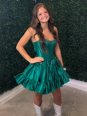 Emerald Green A-Line Strapless Short Satin Homecoming Dress With Bowknot