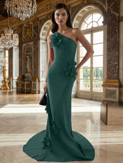 A Line One Shoulder Sleeveless Floor Length Stretch Crepe Dress With 3D Flowers