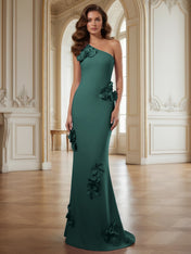 Cream One-Shoulder Prom Dress with Sculptural 3D Floral Appliqués