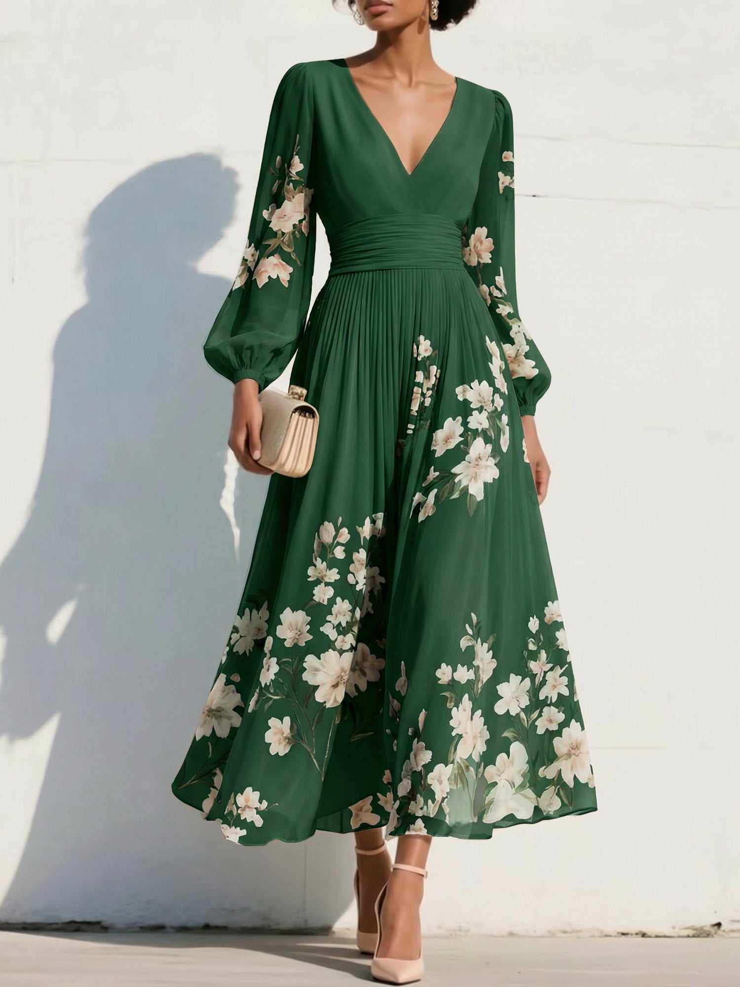 Elegant Floral V-Neck Pleated Midi Dress with Long Sleeves
