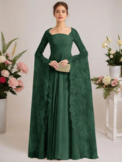 A-line Square Floor-Length Chiffon Lace Evening Dress With Beading Pleated