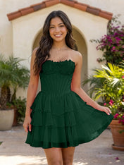 Pink Lace Strapless Corset Mini Dress Tiered Chiffon Skirt Lace Up Back Homecoming Dresses