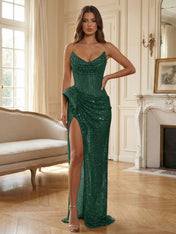 Champagne Gold Crystal-Embellished Corset Long Prom Dress with Slit