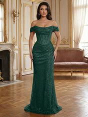 Red Off-The-Shoulder Sequined Corset Mermaid Long Prom Dress