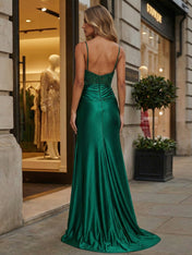Emerald Green Beaded Corset Satin Long Prom Dress with Slit