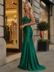 Emerald Green Beaded Corset Satin Long Prom Dress with Slit