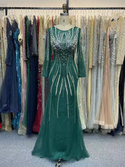 Emerald Green Beaded Gown with Illusion Neckline
