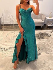 Emerald Green Cowl Neck Sequin Corset Prom Dress with Ruffled Slit