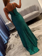 Emerald Green Cowl Neck Sequin Corset Prom Dress with Ruffled Slit