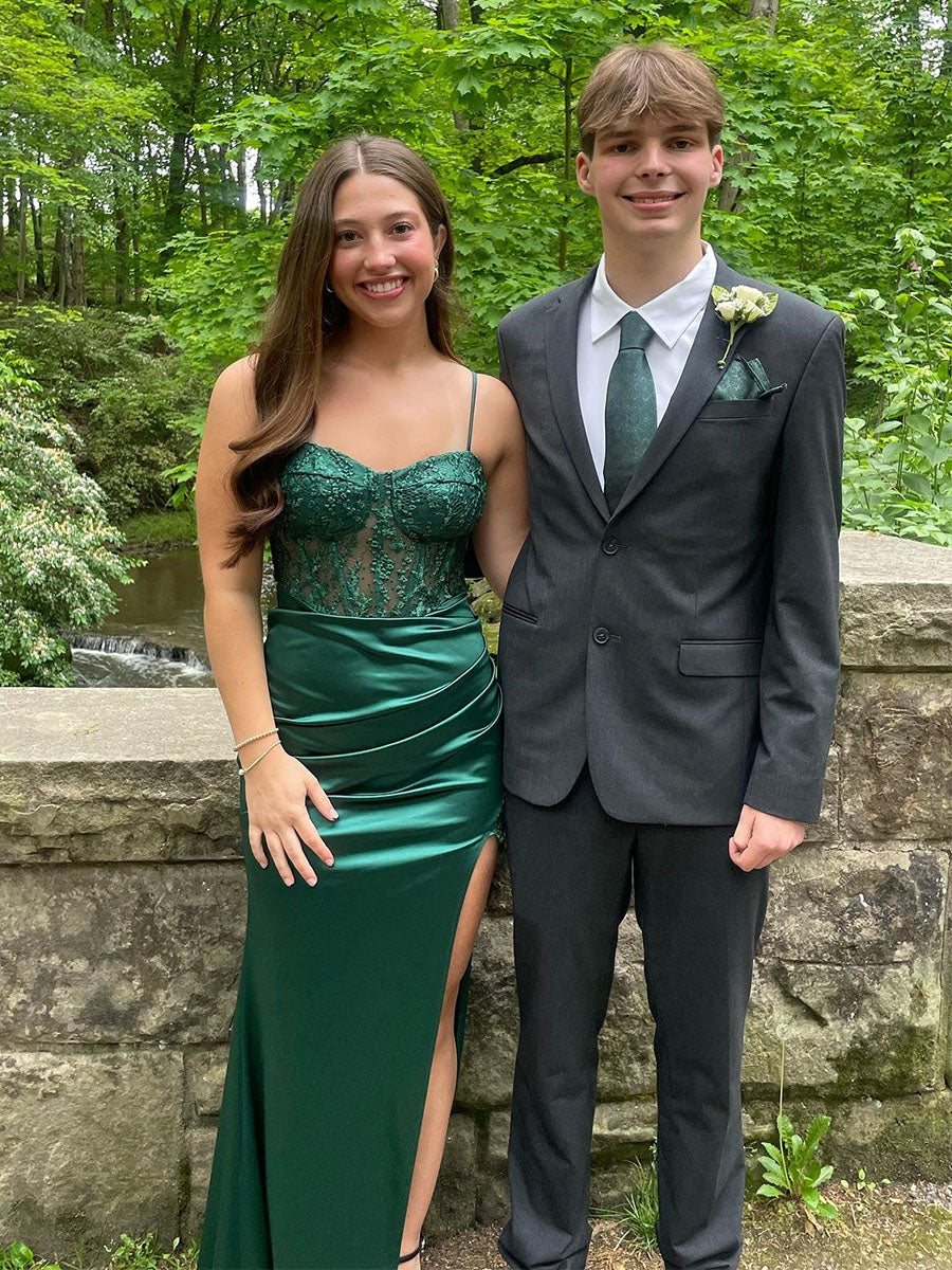 Dreamylily Prom Dress Emerald Green Lace Mermaid Long Ball Gown with Slit