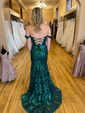 Emerald Green Off-the-Shoulder Sequin Prom Dress with High Slit