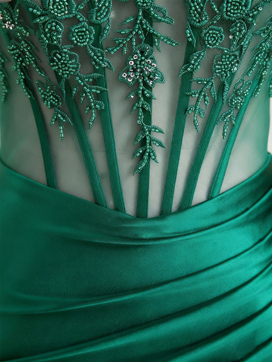 Emerald Green Ruched Waist Satin Corset Prom Dress with Sheer Lace Side Panel